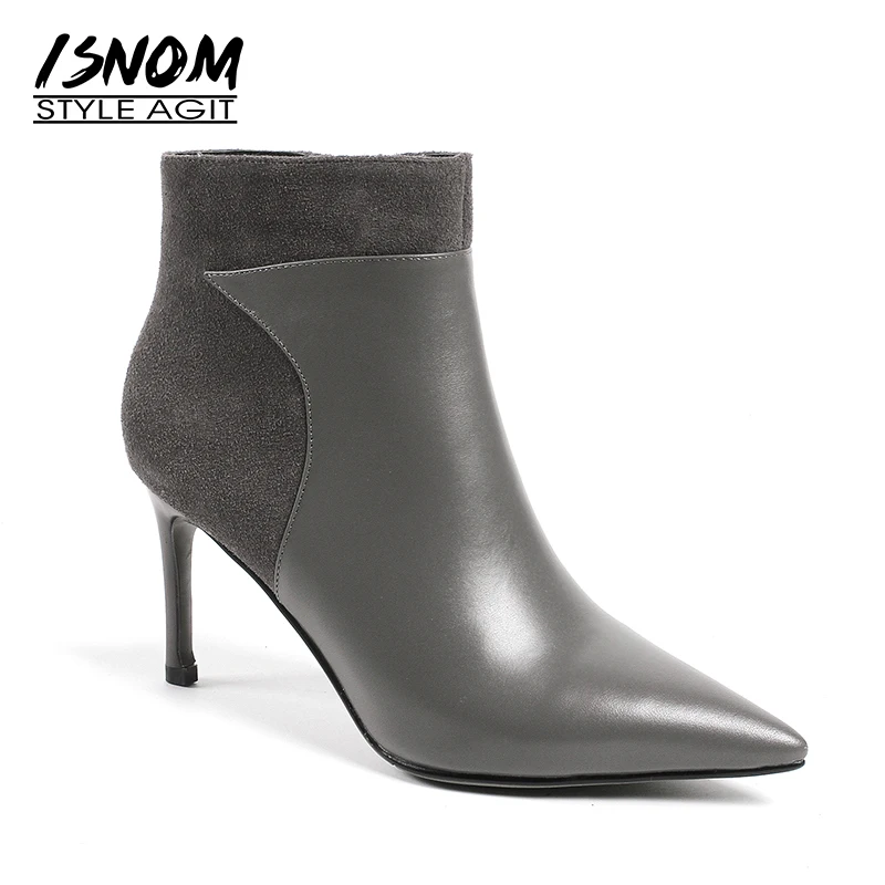 

ISNOM 2018 New Thin High Heels Women Ankle Boots Zip Bootie Pointed Toe Genuine Leather Female Party Shoes Winter Warm Footwear
