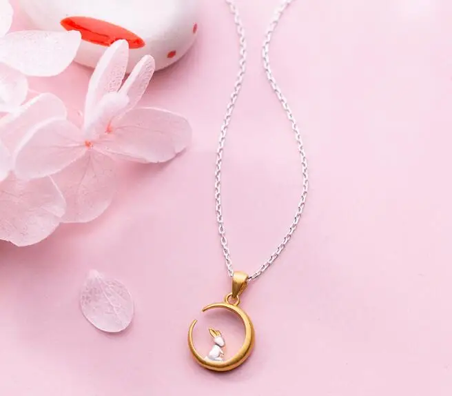 

Authentic 100% REAL. 925 Sterling Silver fINE Jewelry Golden Rabbit sitting on the Moon Crescent pendant Necklace AnimalGTLx1767