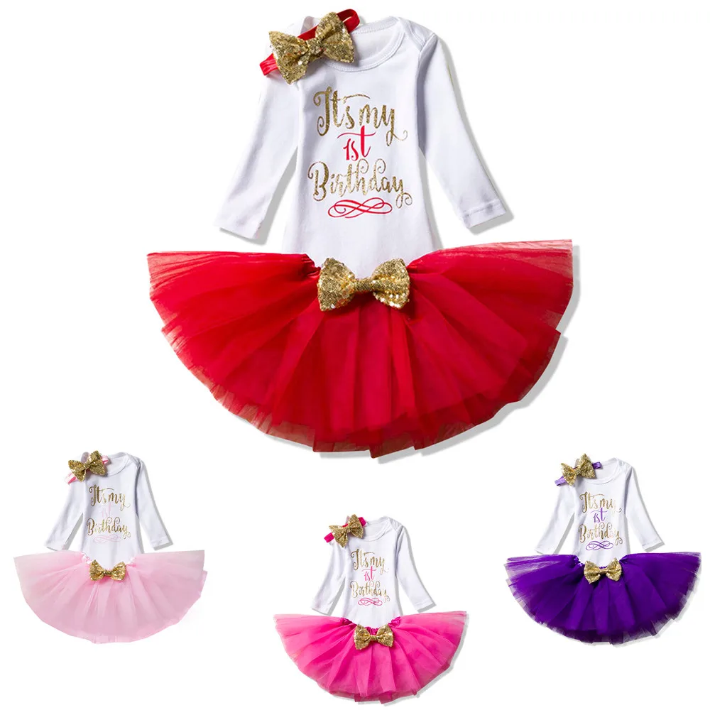 Новорожденных для маленьких девочек платье с длинными рукавами 1st одежда для дня рождения с золотистым бантом для малышей комплекты для девочек пачка принцессы 1 год Одежда для малышей