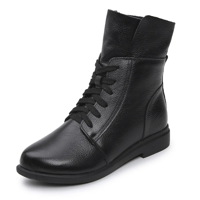 

CHAISHOU ankle boots for women Lace-Up genuine leather snow boots non-slip Martin boots casual flat bottom motorcycle boots