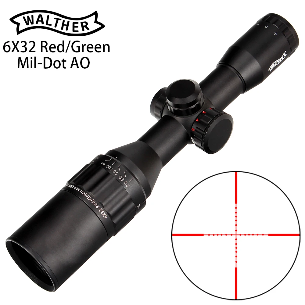 

WALTHER 6x32 AO Mini Mil-Dot Double Color Illuminated Reticle Hunting Riflescope Tactical Optical Sight Rifle Scope