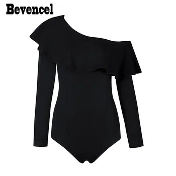 

Bevencel Wholesale 2020 New Bodysuit Women Long Sleeves One Shoulder Ruffles Elegant Bodycon Club Party Bodysuit