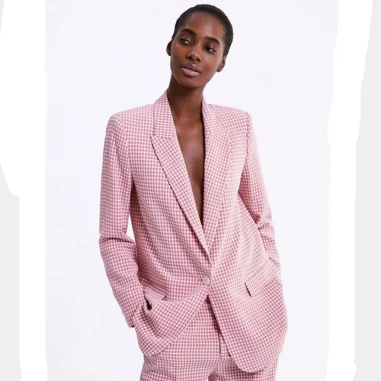 

2019 New Arrival Blazer Women Autumn Winter Runway Designer Plaid Checked Pink High Quality Long Sleeve Fashion Jacket Coat