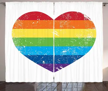 

Vintage Rainbow Kitchen Curtains Heart Shape with LGBT Flag Design Gay Pride Themed Image with Retro Effect Window Drapes