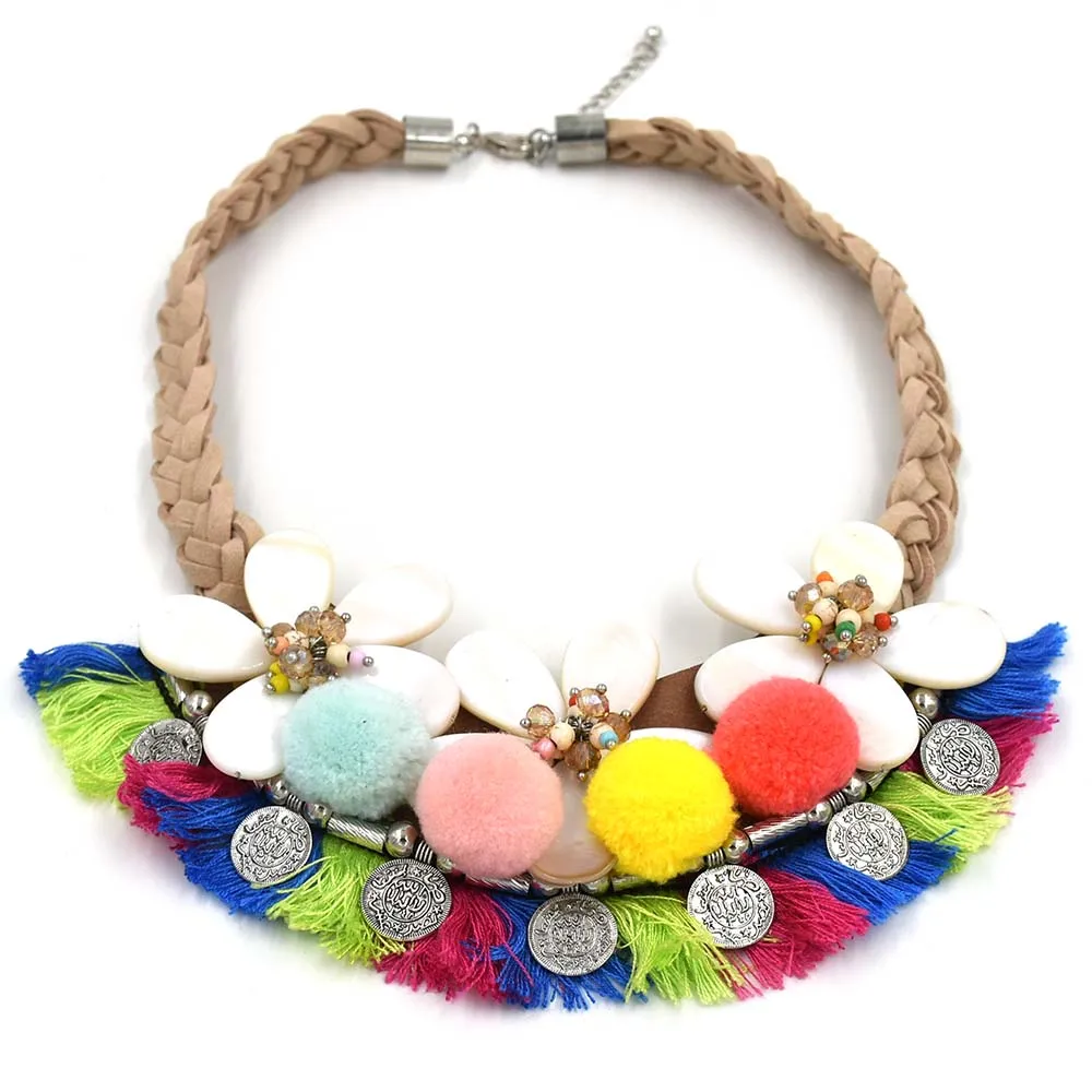 New Cute Flower Pompous Tassel Pendants Statement Necklace Cute Romatic Boho Maxi Pendant Necklace Choker Collar For Women