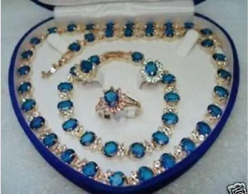 

Beautiful Blue Stone Set Necklace Bracelet Earrings Ring^^^18K GP style Fine jewe Noble Natural jade