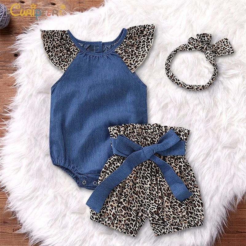 

2019 Summer Infant Baby Girls clothes set Denim Jumpsuit Romper + Leopard Print Shorts+Headbands Outfits vetement enfant fille