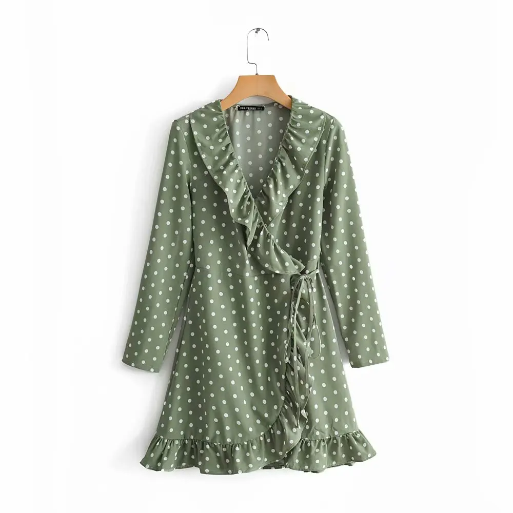 

New women vintage cross v neck green polka dot print lace up mini dress female cascading ruffles vestidos party dresses DS2608