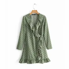 Nuevas mujeres vintage Cruz v cuello verde polka dot estampado encaje up mini vestido femenino con volantes vestidos de fiesta DS2608