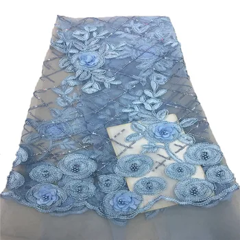 

Fashionable Nigerian 3d Tulle lace fabric with beads and sequins High quality mesh lace fabric for party dress A362-1