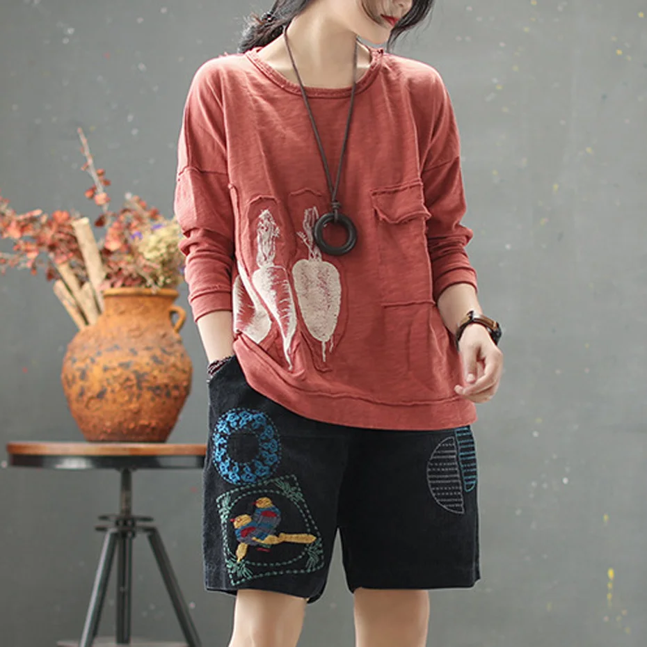 

Women Cotton Tops T Shirt Tees for Ladies O Neck Big Loose Vintage Casual Fashion for Autumn 81419
