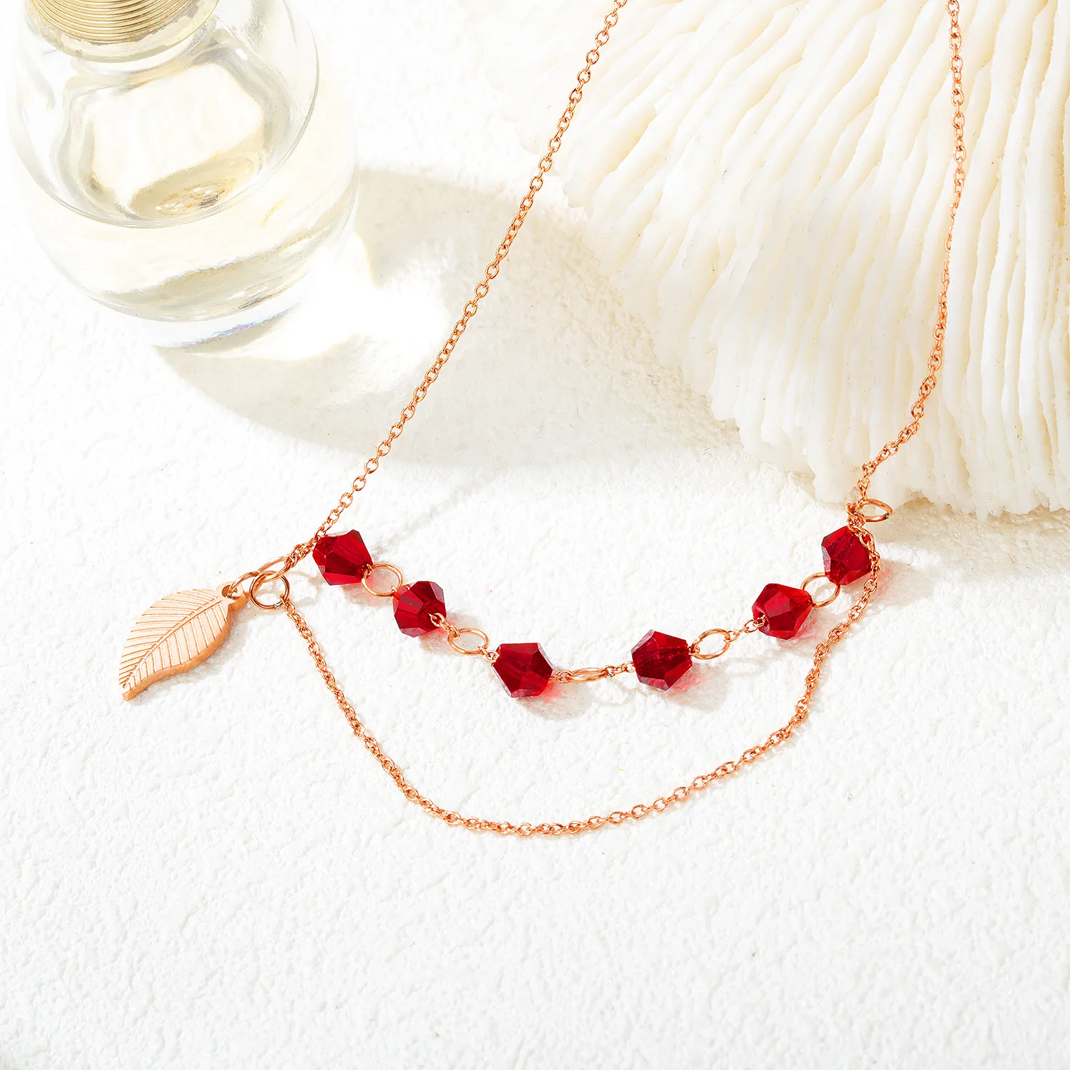 

Double Layer Red Crystal Fringe Leaf Anklet Chain Rose Gold Leg Bracelets Beach Accessories Anklets For Women Ankle Bracelet