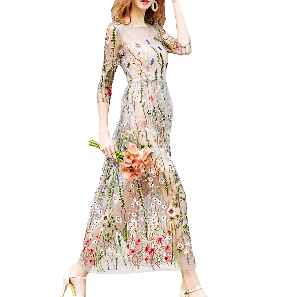 

Floral Embroidery Boho Dress Maxi Two Piece Set Bohemian Dress Beach Long Round Collar Transparent Dresses Casual Summer 2018