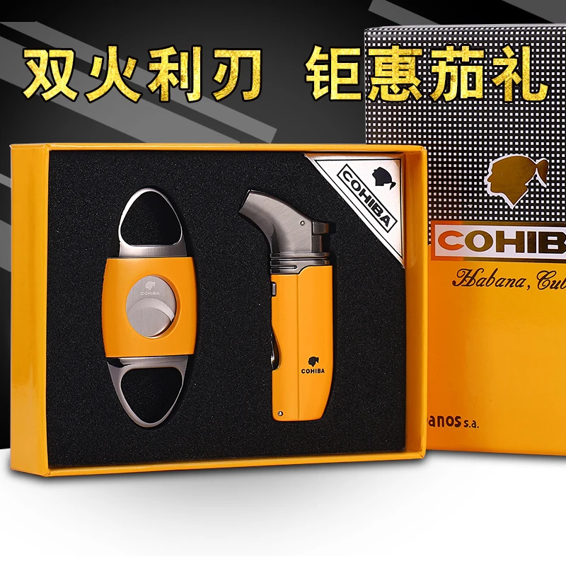 

COHIBA Stainless Steel W/ Cigar Cutter & Metal Windproof Flame Gas Cigarette Cigar Lighter With Gift Box