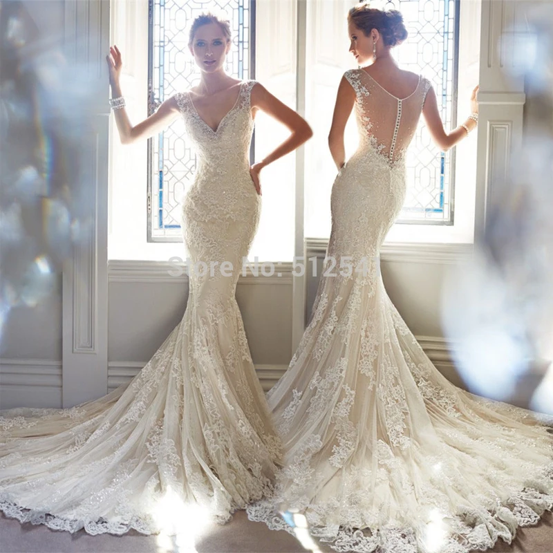 

Best Selling Sheer Wedding Dresses Mermaid Trumpet Spaghetti Straps Applique Lace Beads Sequin Ruffle Bridal Gowns yk1A228