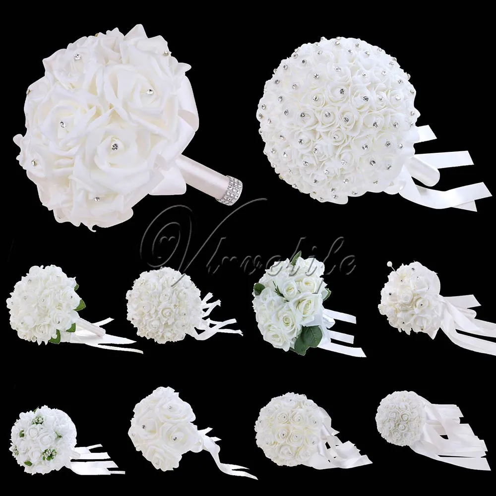 Белый свадебный букет, 10 стилей, свадебный букет, брошь, искусственная Роза, цветы с лентой, стразы, декор для свадебной вечеринки