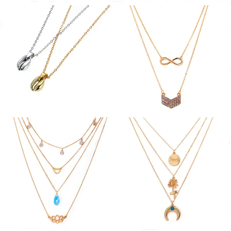 

Mix Styles Bohemia Beach Alloy Coconut Tree Moon Shell V Pendants Double Layer Necklace Jewelry Women Suspension Gold Silver