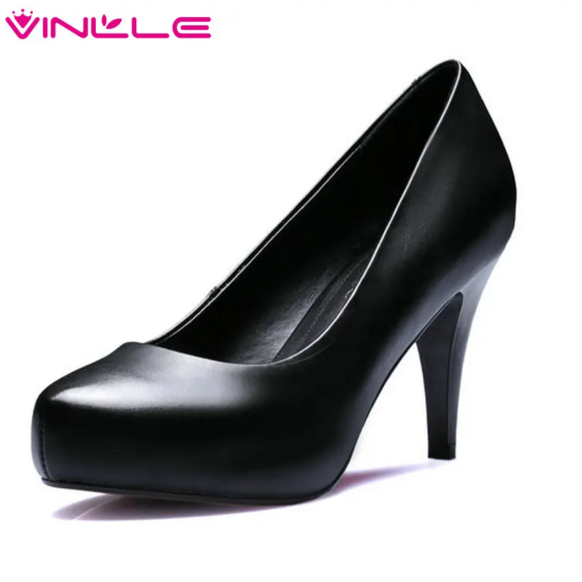 

VINLLE New Arrivals 2018 Women Shoes Thin High Heel 8.5/10.7cm Genuine Leather Platform Ladies Wedding Pumps Size 34-39