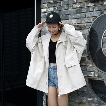 

Tooling jacket female 2019spring autumn new Korean version of the loose wild stand collar pocket zipper regular jacket femalem71