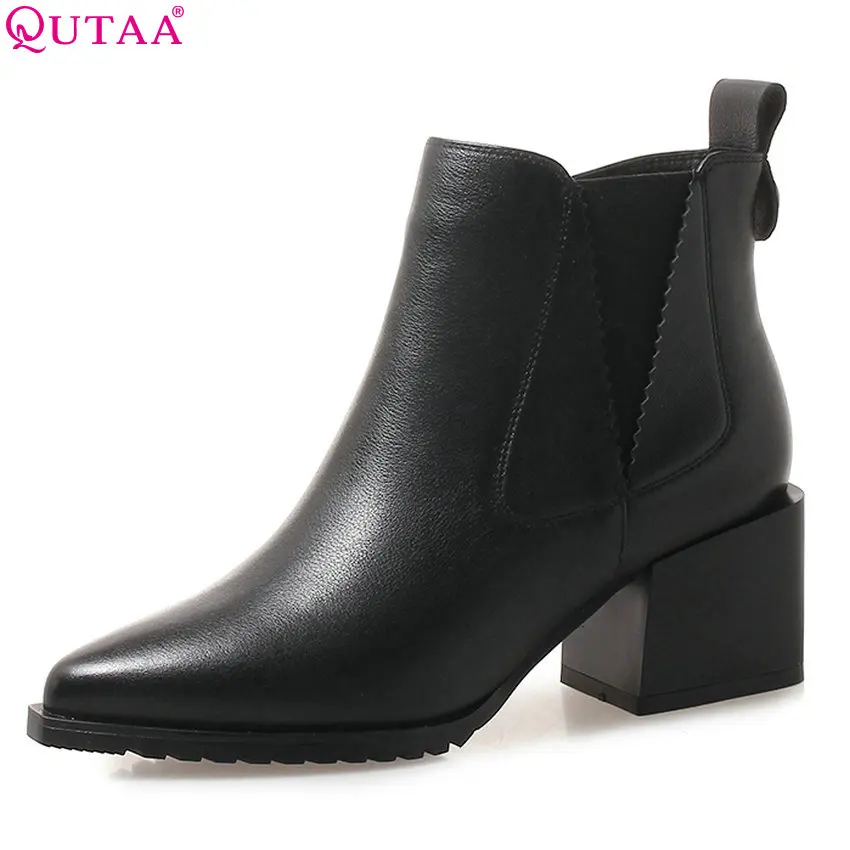 

QUTAA 2019 Women Ankle Boots Platform Elastic Band Cow Leather+pu Square High Heel Pointed Toe Women Boots Big Size 34-42