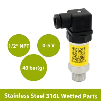 

0 to 5V pressure sensor transducer, 3 wire analog output, 0 to 40 bar range, 1 2 NPT thread, 316L stainless steel wetted parts