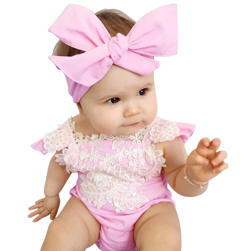 

Summer Cute Baby Girls Clothing Lace Flower Rompers + Bow Headband Pink Outfits Newborn Infant Party Wear Baby Clothes Sets