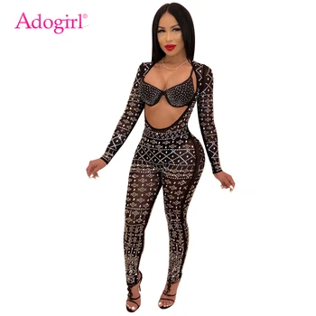 

Adogirl Reversible Diamonds Sheer Mesh Sexy Jumpsuit V Neck Long Sleeve Women Night Club Party Romper Fashion Outfits Overalls