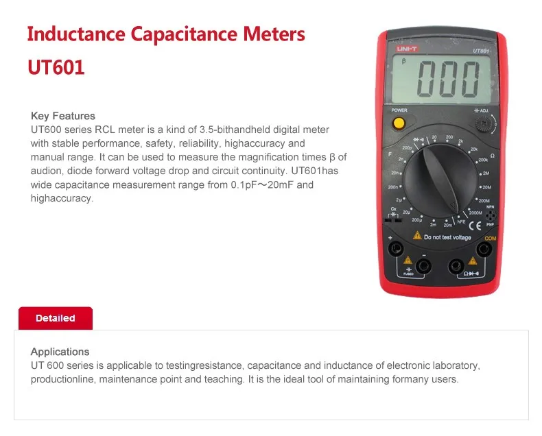 UNI-T UT601 Индуктивный измеритель емкости Современный профессиональный измеритель емкости Ом конденсатор резистор Диод Непрерывность зуммер