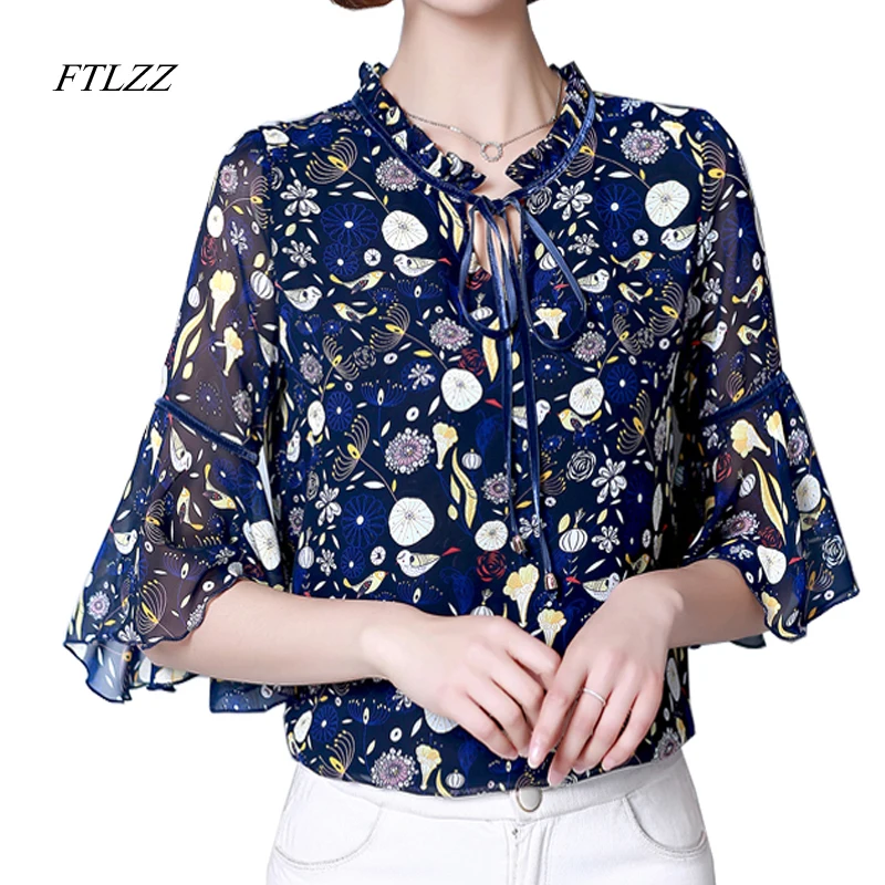 FTLZZ Women Chiffon Flare Shirt Spring Summer New Sweet Stand Collar