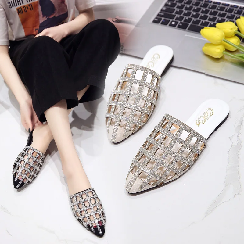 

Half-lost female new pointed rhinestone hollow sandals female casual fashion flat wear outside women's shoes