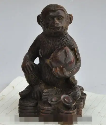 

S01802 7"Chinese Fengshui Bronze Zodiac Year Monkey Peach Coin Yuanbao Wealth Statue B0403