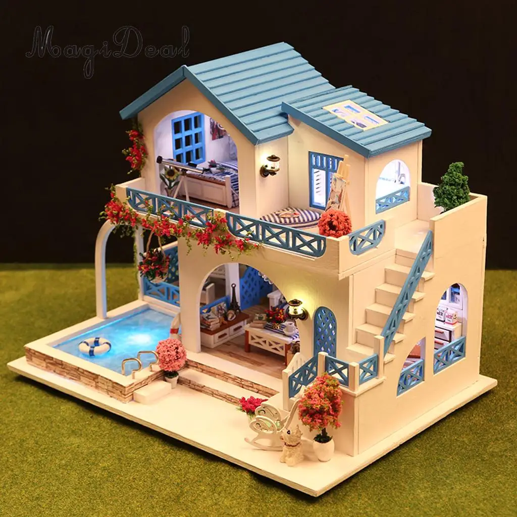 1:24 Scale DIY Handcraft Miniature Project Kit Wooden Dolls House Model Sidi Bou Said Town Home Display Collectibles
