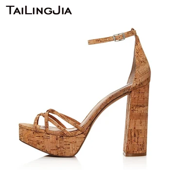 

Block Heel Women High Heel Platform Cork Sandals Open Toe Ankel Strappy Ladies Shoes Brand Party Wedding Shoes Large Size Sandal