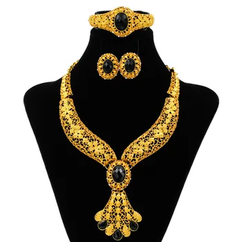 

2019 Dubai Fashion Creative Design 24 Gold Jewelry Set Black Crystal Necklace Ring Earrings Bride Wedding Gift Accessories