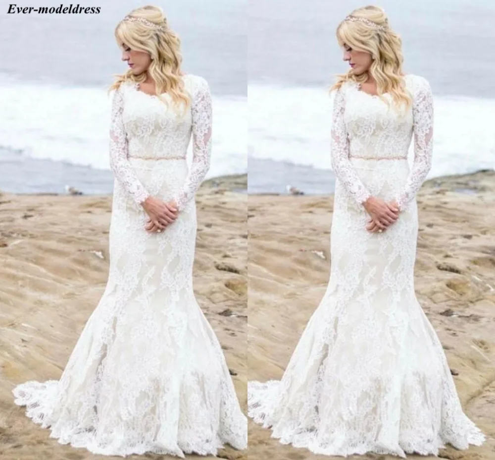 

Mermaid Long Sleeves Wedding Dresses Lace Appliques O-Neck Button Back Sweep Train Modest Bridal Gowns Robe De Mariee Cheap