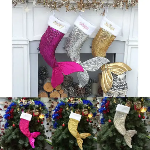

UK 18'' Kids Luxury Mermaid Sequins Xmas Stocking Sack Santa Christmas Gifts HOT