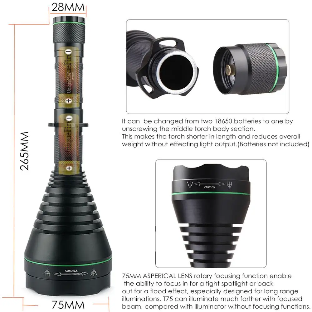 UniqueFire 1508 Oslon 940nm ИК светодиодный фонарик 75 мм выпуклая линза Тактический зум с
