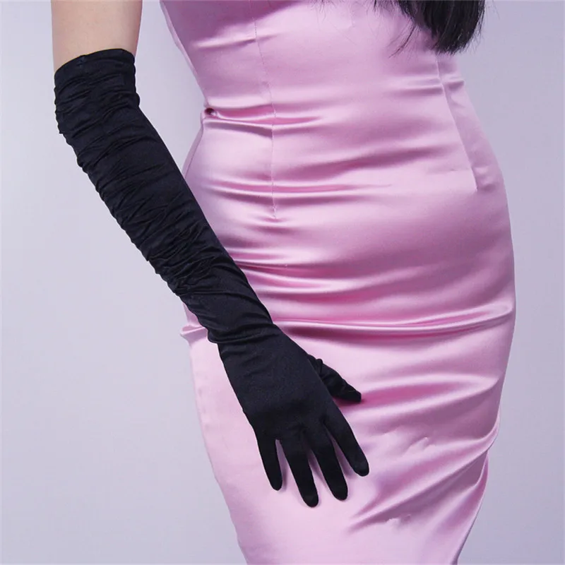 Satin Silk Gloves Pleated Elastic Silk Pearlescent Satin Red Long Elbow Female Vestido De Novia Woman's Gloves 38cm 50cm TB110