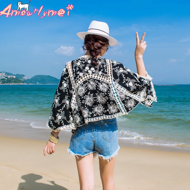 2019 Summer New Women's Mori Girl Vintage Hollow Out Embroidery Lace Loose Batwing Sleeve Kimono Cardigan Blouse Shirt Tops 2019 Summer New Women's Mori Girl Vintage Hollow Out Embroidery Lace Loose Batwing Sleeve Kimono Cardigan Blouse Shirt Tops