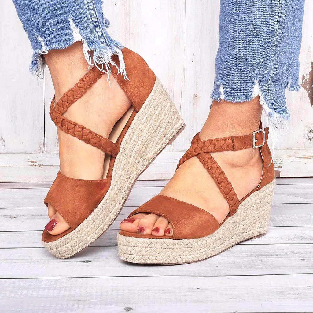 

Women Braided Strap Sandals Ladies Fashion Buckle Strap Casual Wedges High Heel Thick Bottom Peep Toe Heightening Sandalia Mujer