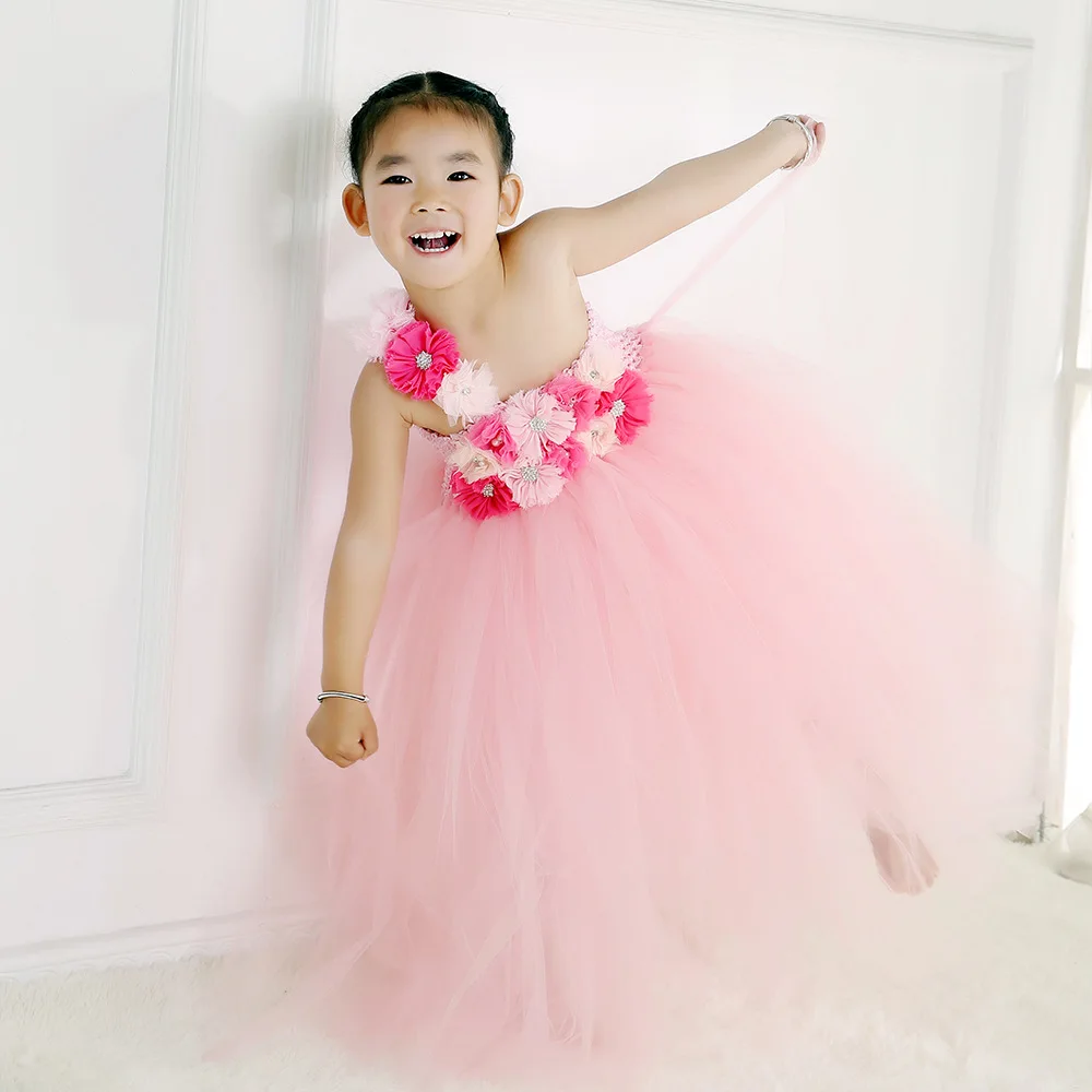 

Lovely Girls Flowers Tutu Dress Kids Fluffy Tulle Tutus Ball Gown with Single Shoulder Children Wedding Party Princess Dress