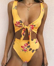 PREETEE 2018 Yellow High Waist Bikini Push Up Swimwear Sexy Deep V Bandage Bikinis Print Biquini Mulher Swimming Bathing Suit