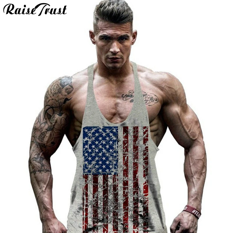 Мужские майки с американским флагом хлопковые для тренировок Майки мышц фитнеса