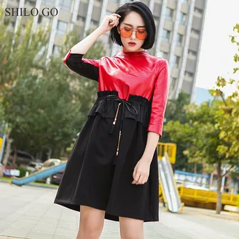 

SHILO GO Leather Dress Womens Spring Fashion sheepskin genuine leather Dress stand collar ruffles tie A Line patchwork dress