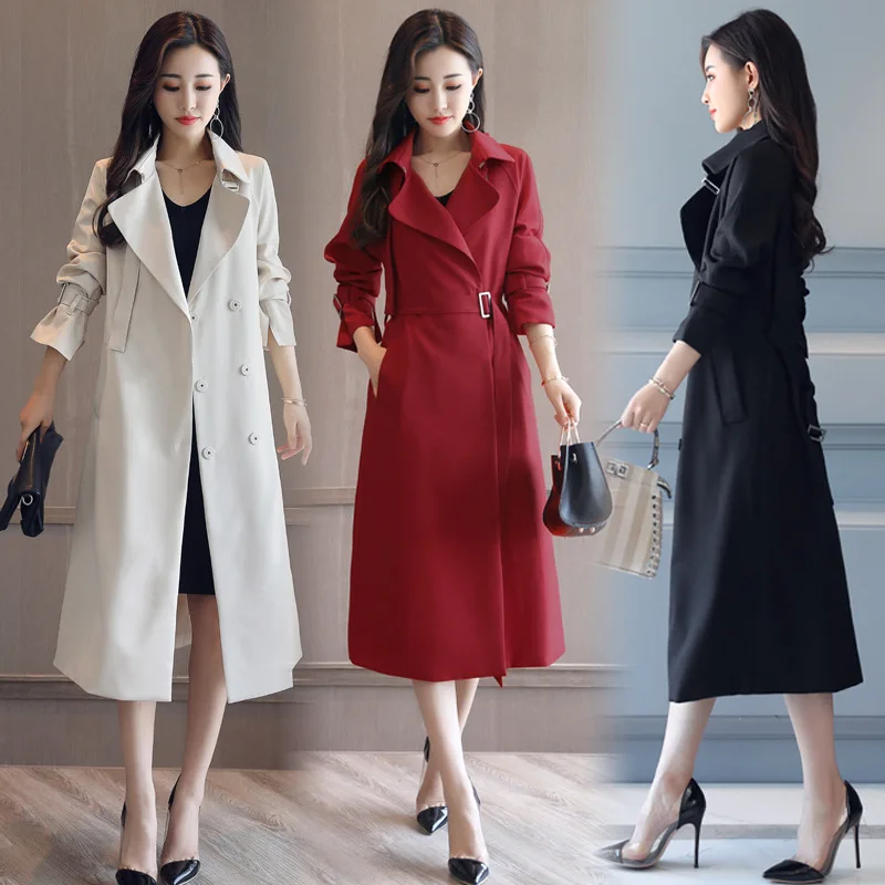 Elegant 2019 spring autumn Trench women Solid Color Lady X-Long Windbreak Double Breasted Slim Trench Coat With Belt long coat