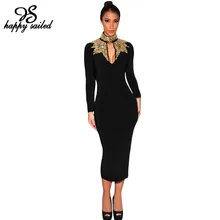 Happy Sailed autumn Black with Gold Silver Mock Neck long sleeves Sequins hot sale new sexy fashion women Pencil Midi Dress 6908