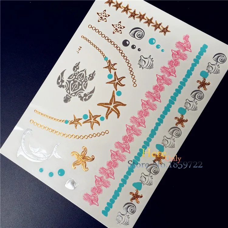 

2017 New gold pink Metallic Temporary Tattoo Waterproof HJ-44 turtle Shell Conch Sea Starfish necklace design Flash Women tattoo