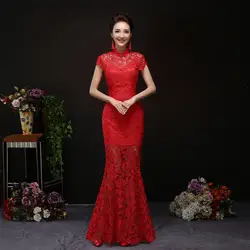 Красный Русалка Свадебные Длинные Cheongsam Стиль вечернее платье Кружева Qipao Китайский традиционный QI Pao Oriental вечернее платье