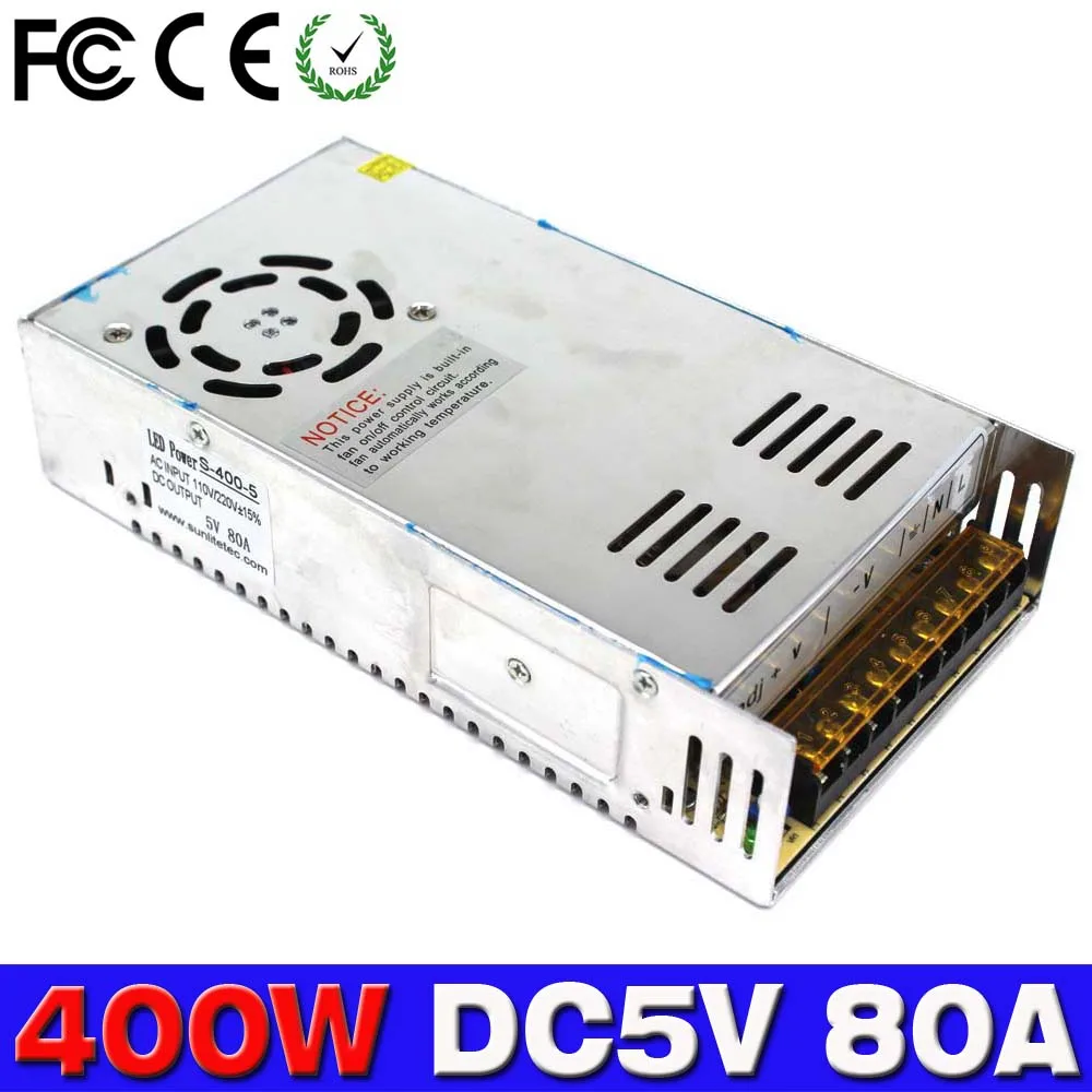 

Single Output Regulated Dc5V Switching Power Supply 80A 400W Driver 110v 220v Ac-Dc 5V SMPS For LED Strip Display Modules Light