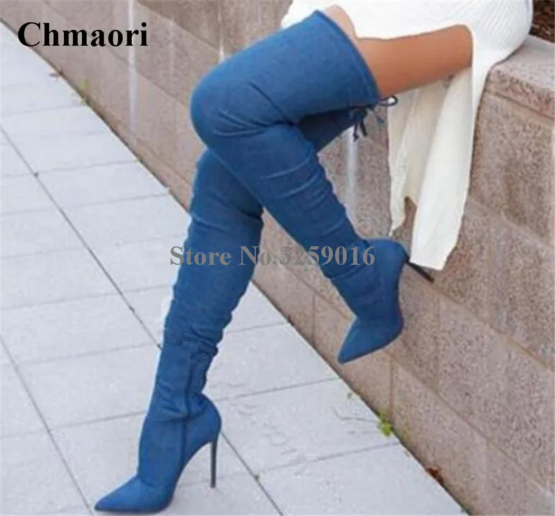 

New Fashion Women Pointed Toe Blue Denim Over Knee Gladiator Boots Sexy Thigh High Long High Heel Boots Dress Shoes